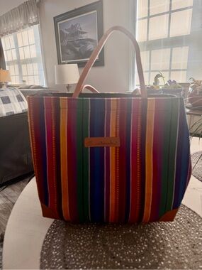 Multi-Stripe Canvas Tote with Tan Leather Handles